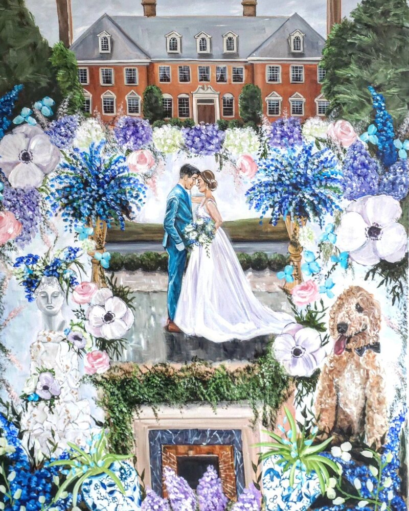 Outdoor luxury wedding live painting featuring their dog