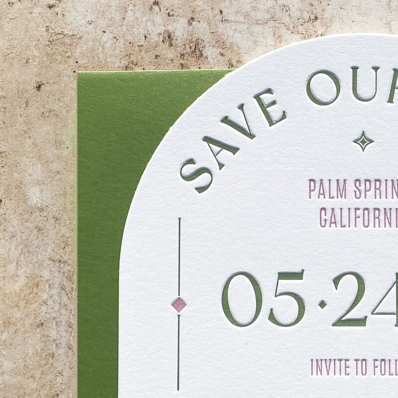 Up close  of letterpress wedding save the date card