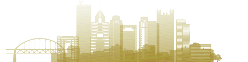 A yellow logo style sketch of the the Pittsburgh city skyline is placed here as a design element. 