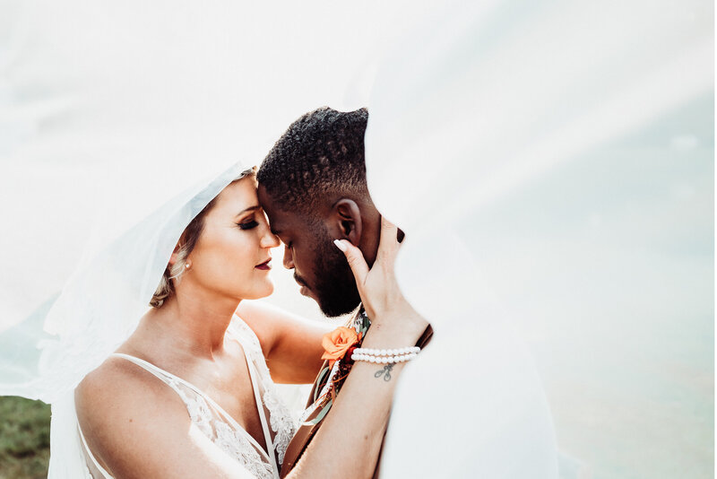Bride and groom veil portrait