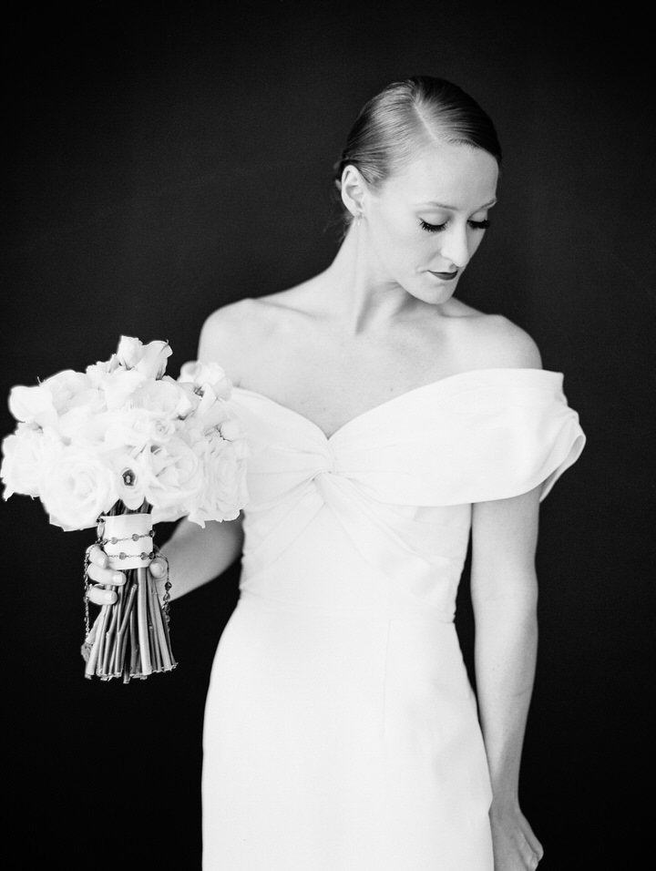 black and white bridal portrait in a carolina herrera wedding gown