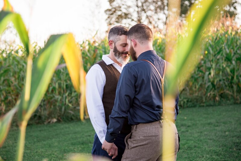 Two grooms holding hands in a cornfield.