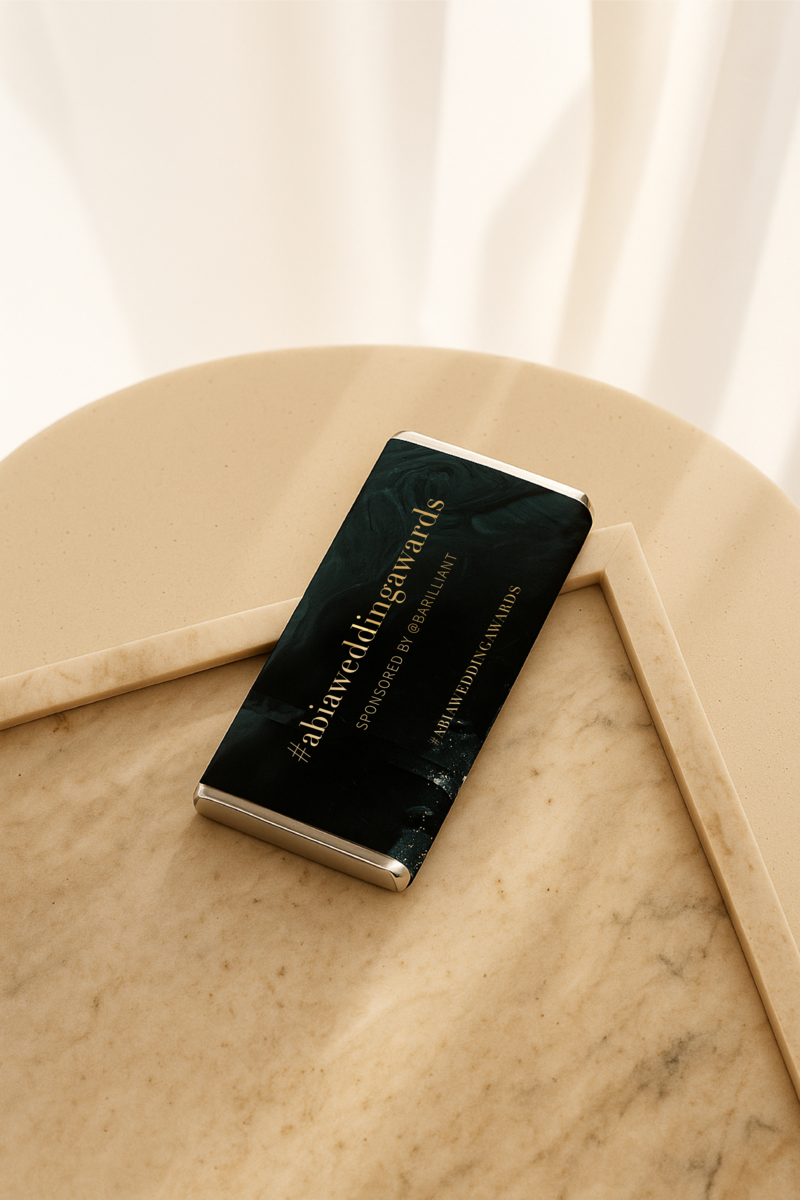 Designed exclusively for the ABIA Wedding Awards, this black marble and gold foil Barilliant chocolate bar turns luxury gifting into an edible statement piece. Perfect for corporate events, weddings, and VIP brand collaborations.