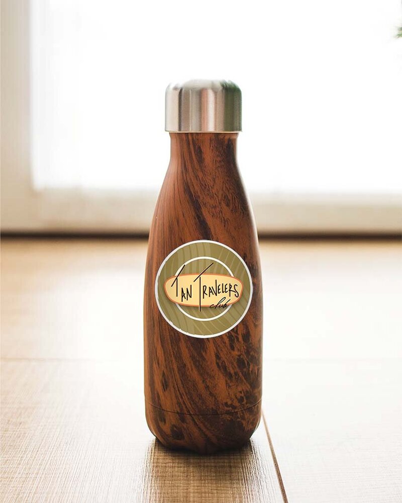 travel blog sticker on a water bottle