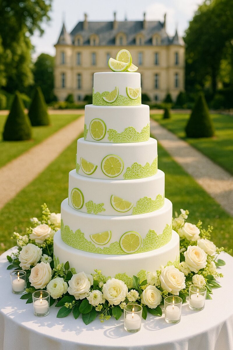 Bespoke 6 tier wedding cake in white decorated with limes and surrounded with white roses in Chateau in France