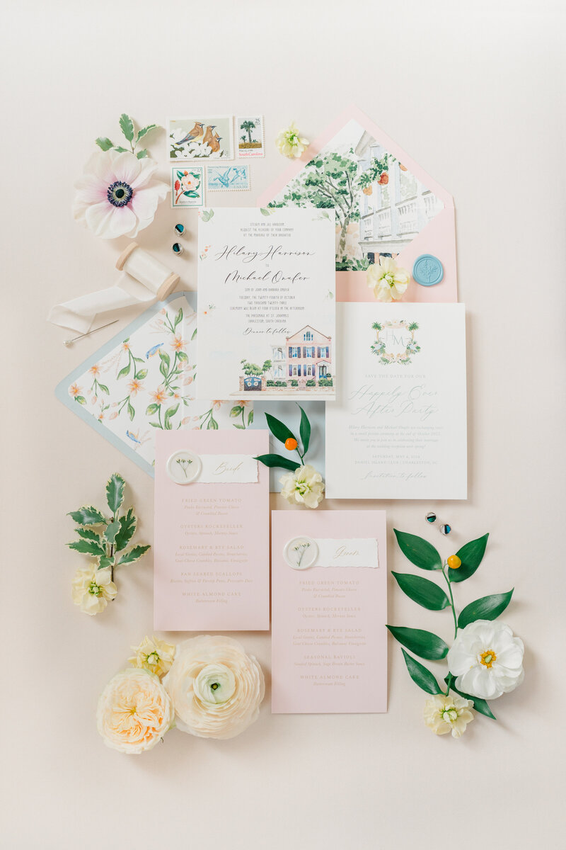 Pale pink and blue wedding invitations. Charleston wedding details.