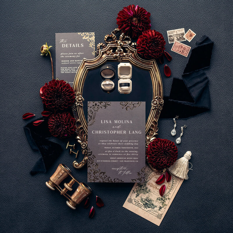 Elegant wedding invitation suite with vintage details