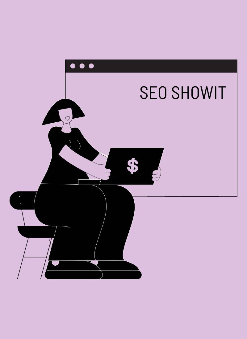 illustration woman sitting on laptop and tab in background with SEO Showit