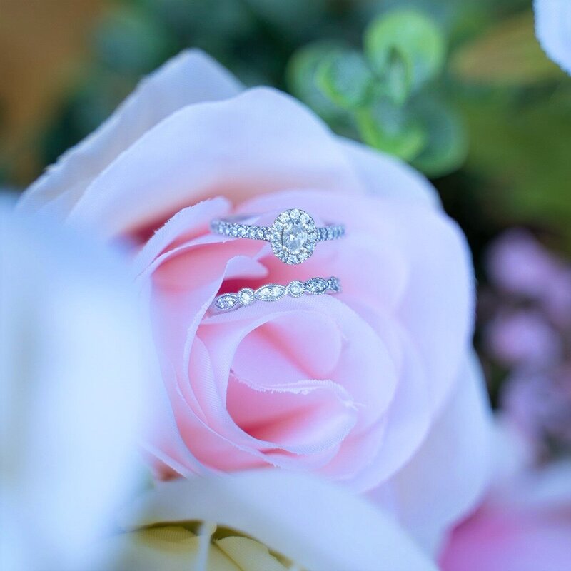 Amanda's engagement ring and wedding band placed in her bouquet at her wedding celebration to Sammy in Wooster, Ohio.