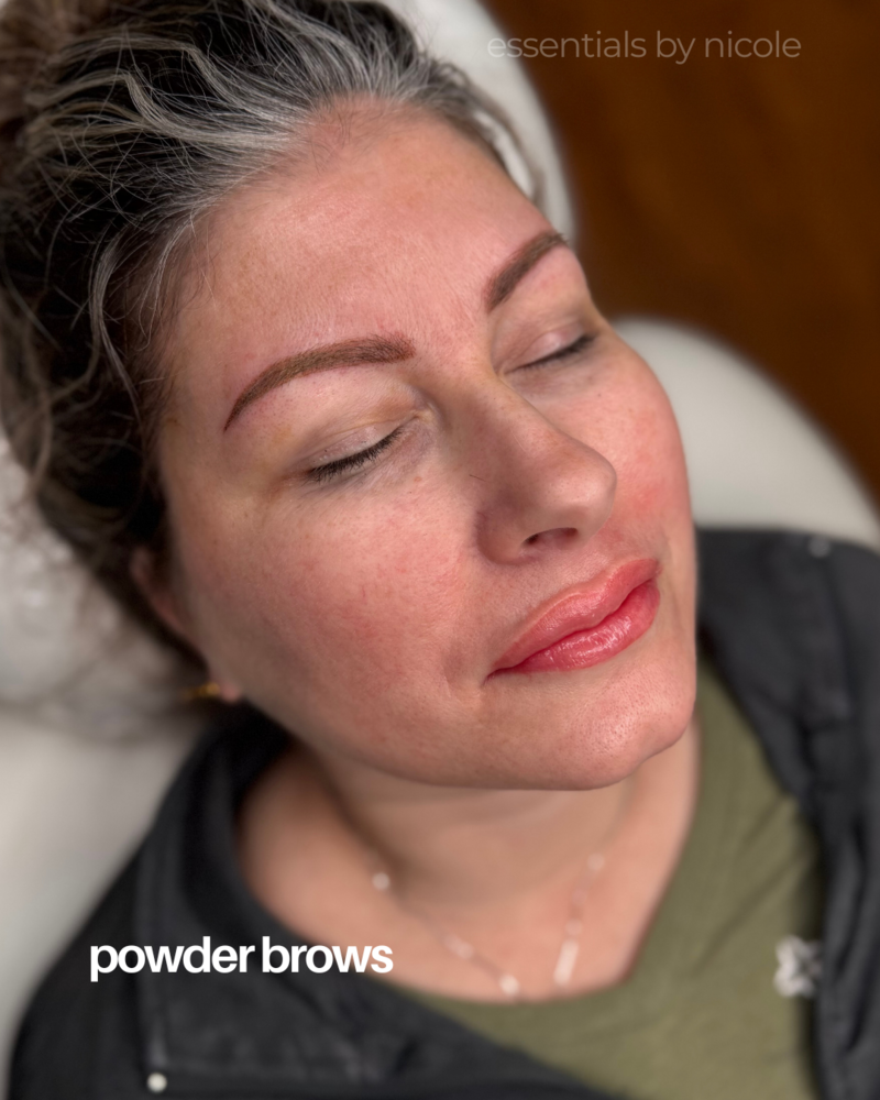 Powder brows on mature skin with soft-focus permanent makeup finish