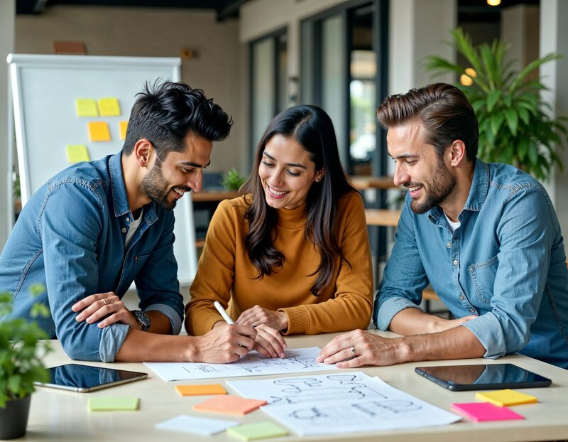 Three co-workers collaborating on a document in a workplace environment.
