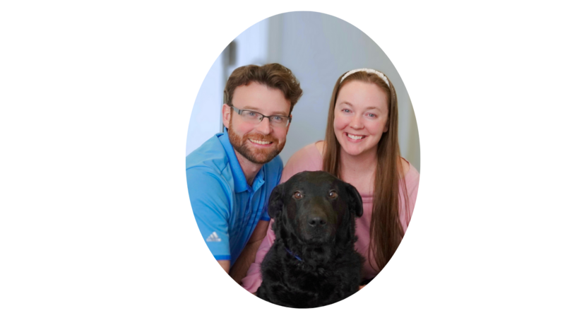 Curt and Krista are modeling with their dog Grufy who comes to the clinic with them for patient support.