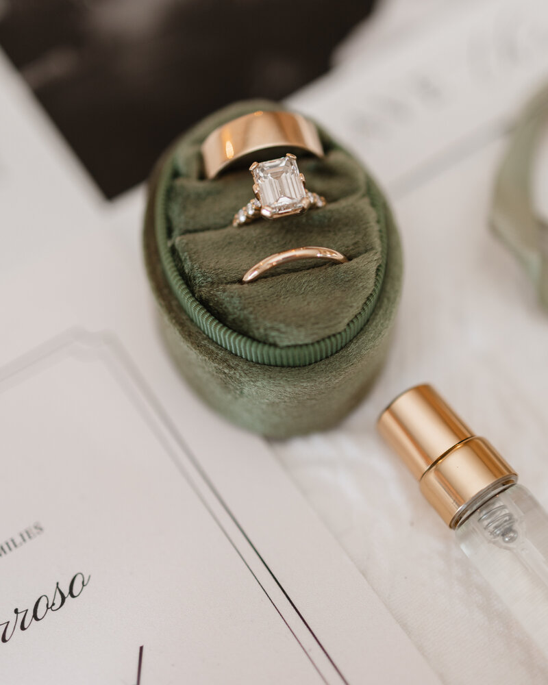 Close-up of bride’s sparkling engagement ring at Felt Estate, highlighting the intricate design