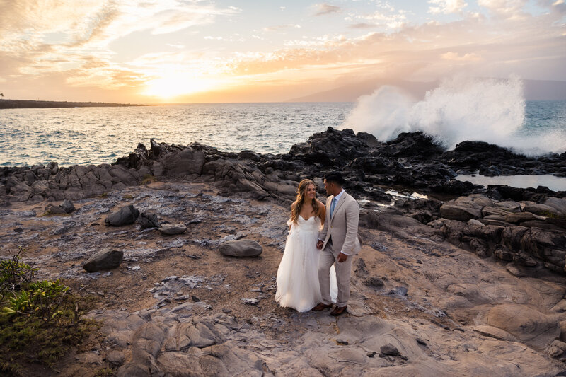 bride and groom walking at pineapple chapel
