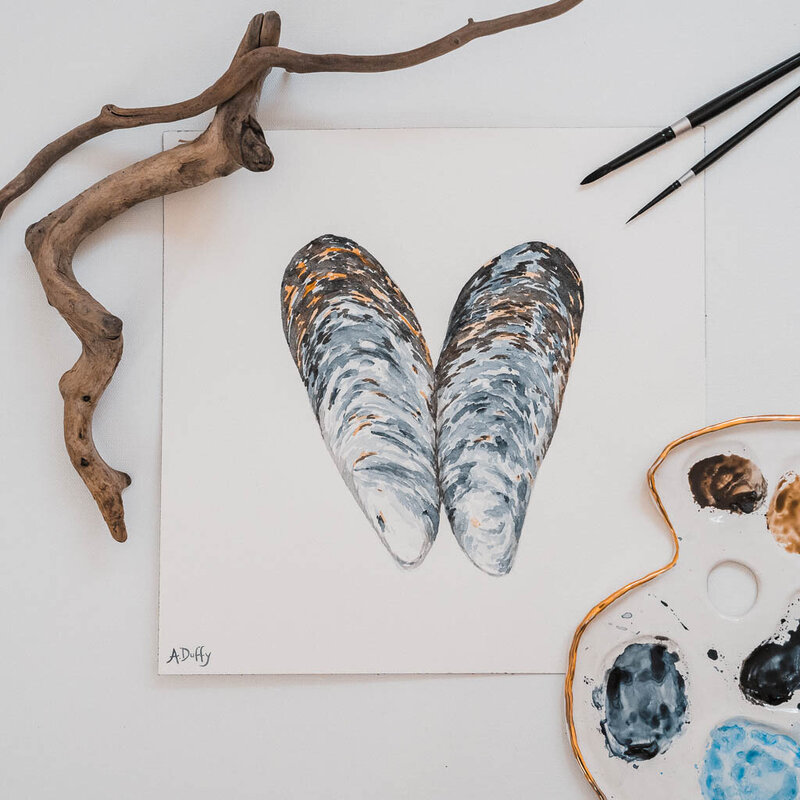 Watercolor painting of a full mussel shell connected by Pacific Northwest artist Amy Duffy