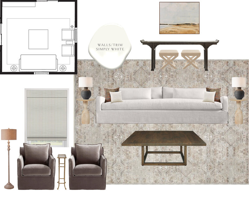 Interior Design Living Room Schematic Design Presentation  with floor plan, linen upholster sofa, and dark modern accents