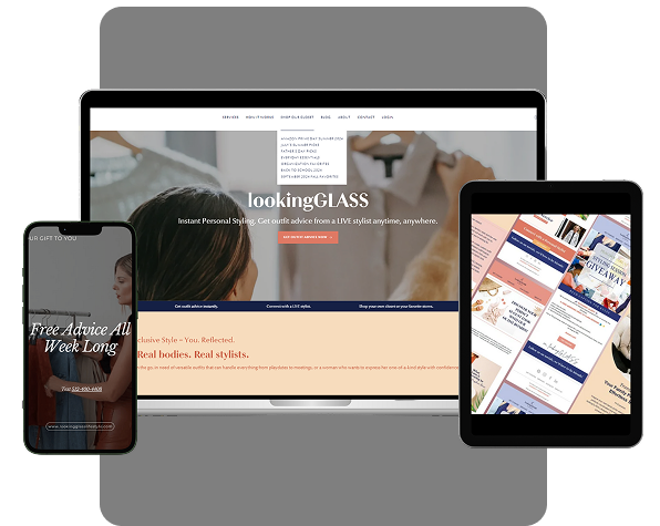 Digital mockup of landing page, email design, and content assets for LookingGlass Lifestyle brand on multiple devices