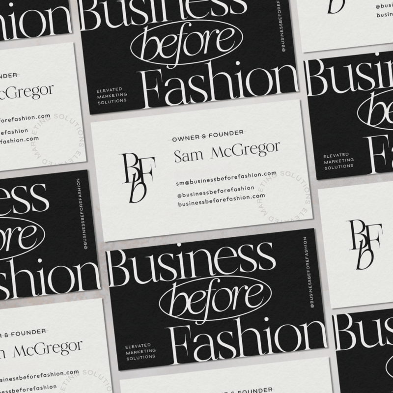 Chic black and white typographic brand identity design mockups of business cards for fashion consultant created by Knoxville design agency Liberty Type