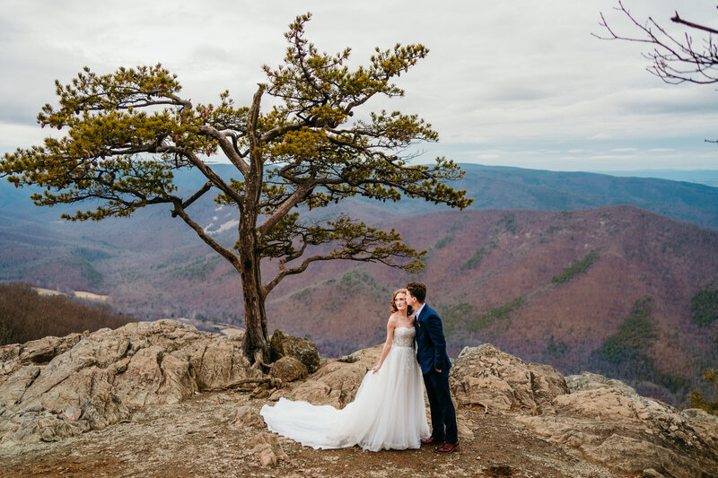 Bride and groom standing on a rocky cliff under a pine tree with mountain views in Blue Ridge Parkway during their adventurous elopement.