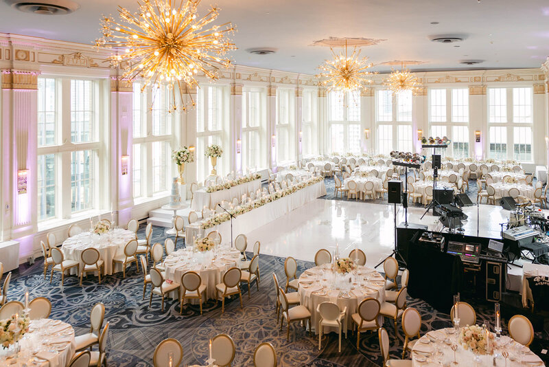 luxury blush and gold wedding reception sertup at the omni king  edward hotel