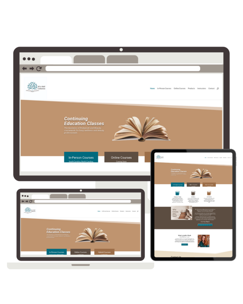 Responsive web design for All is Well Collective shown on desktop, laptop, and tablet by Deep Rooted Marketing