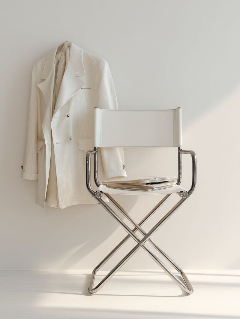 White director’s chair with a folded cream blazer draped over the wall and magazines placed on the seat.