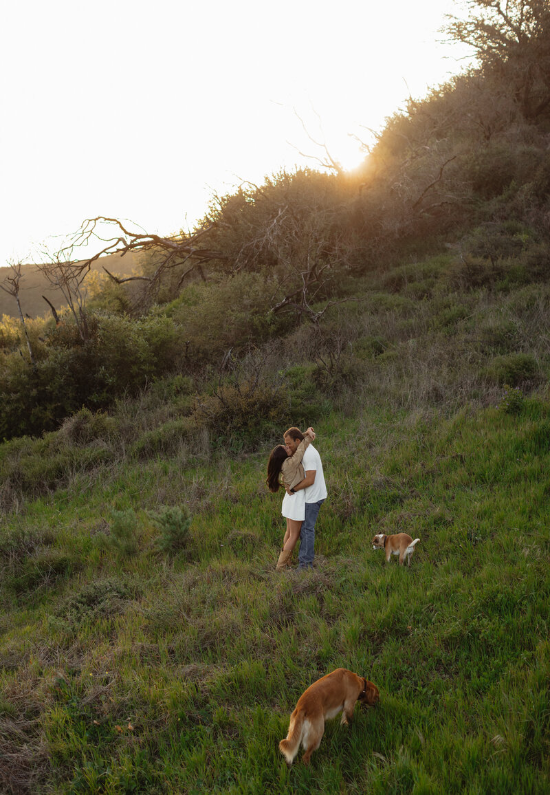 couple kissing with their dogs