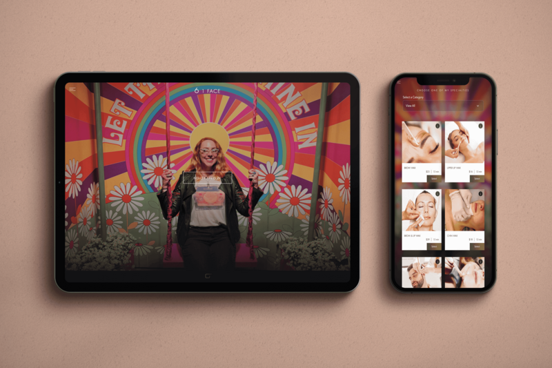 Tablet and mobile mockups of the Gloss Genius platform featuring a colorful, retro-inspired homepage and a grid-style layout for service categories.