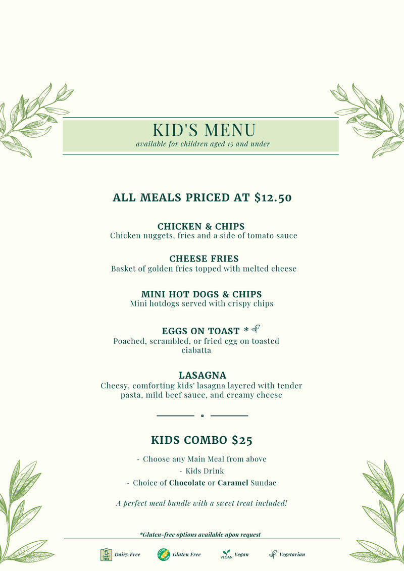 Kids menu at Kea Café with child friendly meal options