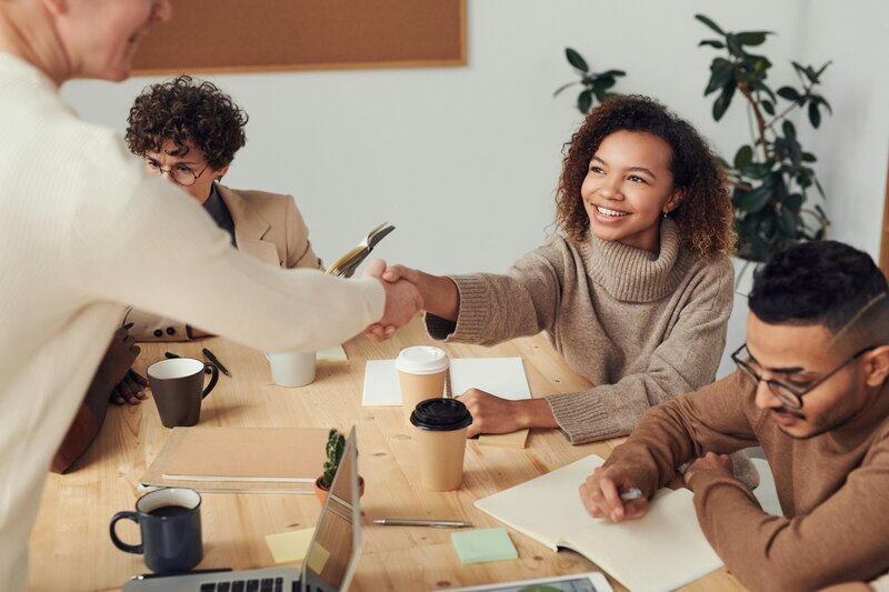 Client and agent smiling during a consultation meeting inside a bright living room