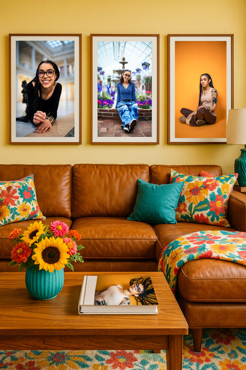 A beautiful yellow living room with custom framed wall art of a senior in a 3 piece collection plus a photo album.