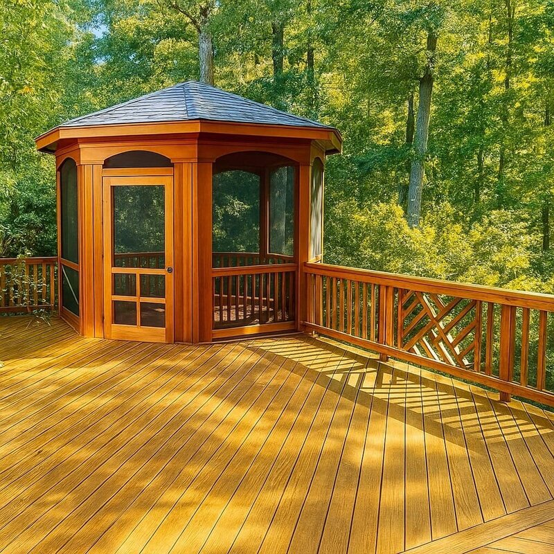 Wood deck with built-in bench seating, pergola, and privacy wall.