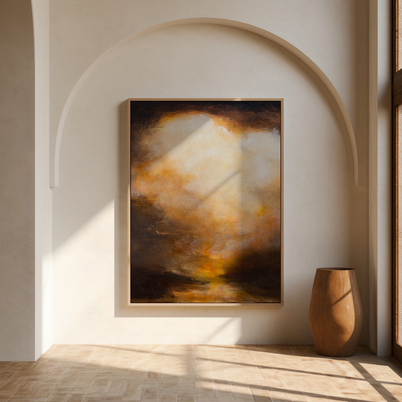 Oil painting by Jane Mishkind framed and hanged on a wall with an arch