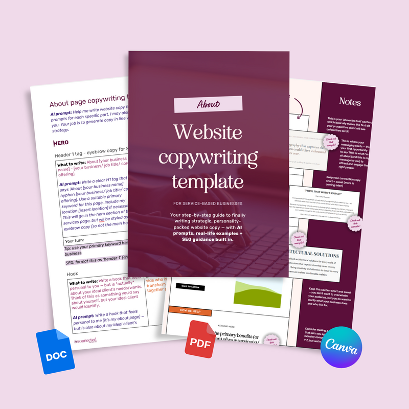 About page copywriting template with AI prompts - google doc template + canva template