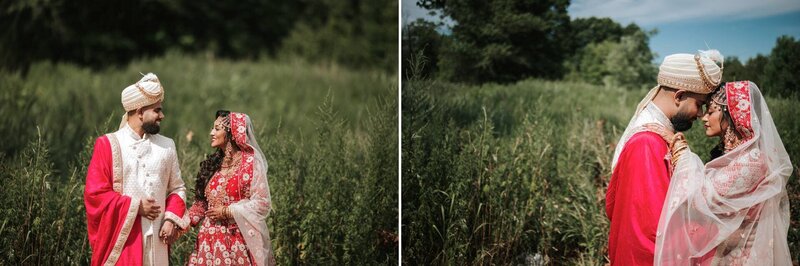 South Asian bride and groom put heads together for picture in New Jersey.