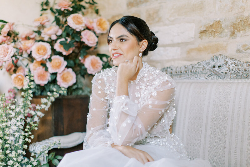 Houston wedding photographers portrait of a bride on a staircase.