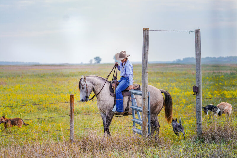 Cowgirl riding alone closing the gate with her horse
