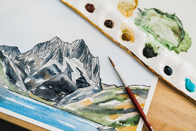 Closeup watercolor and ink painting of a mountain in the Sierra Nevadas by Pacific Northwest artist Amy Duffy