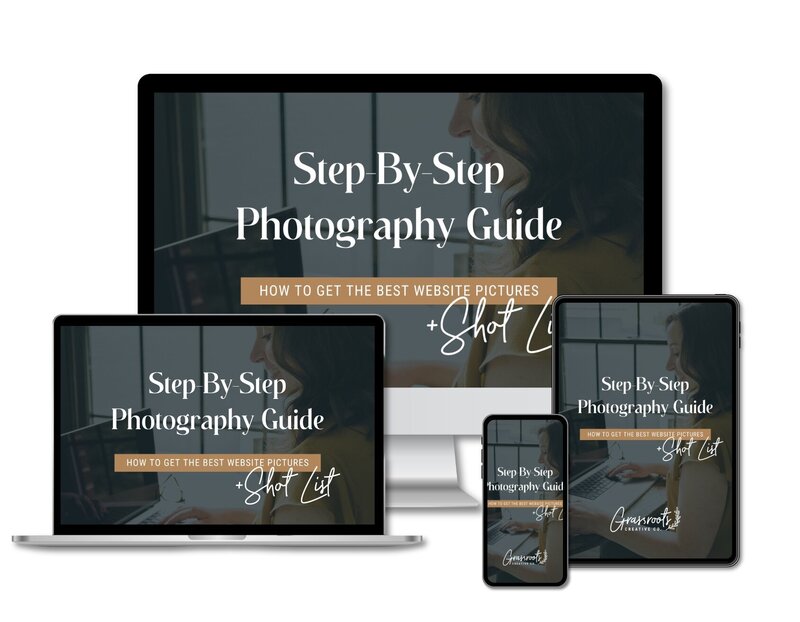 Mock-up of a monitor, laptop, phone, and tablet displaying Grassroots Creative Company’s free step-by-step photography guide for capturing the best website images.