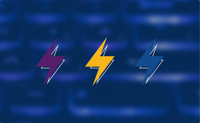Icons of three lighting bolts (purple, yellow and blue) placed on top of a blurred out keyboard background