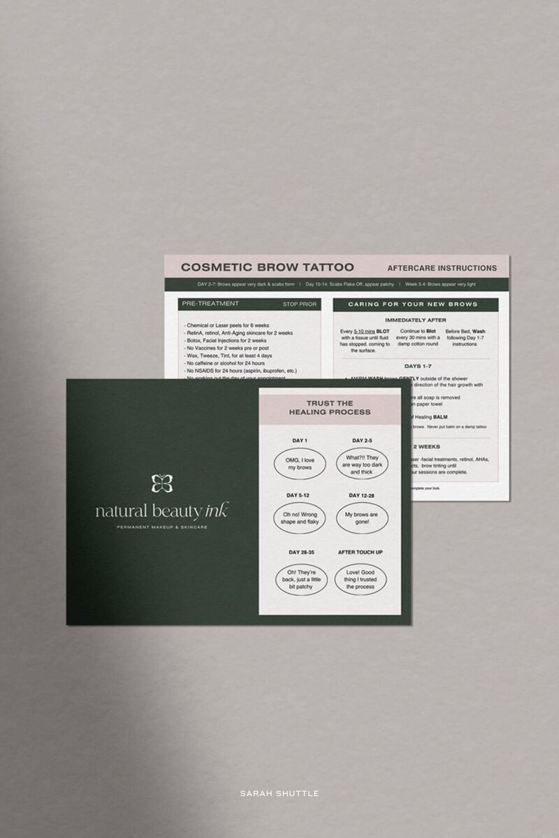 Care cards stationery in green and pink for Natural Beauty Ink permanent makeup brand.