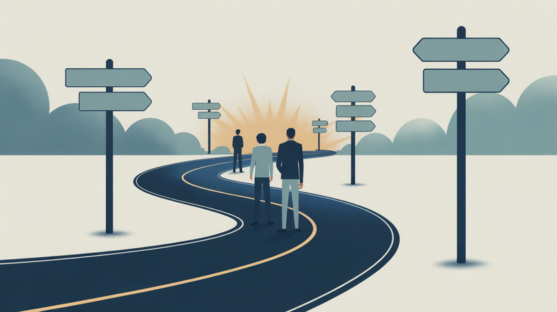 Illustration of a winding asphalt road with a tall signpost showing multiple arrow-shaped direction signs.