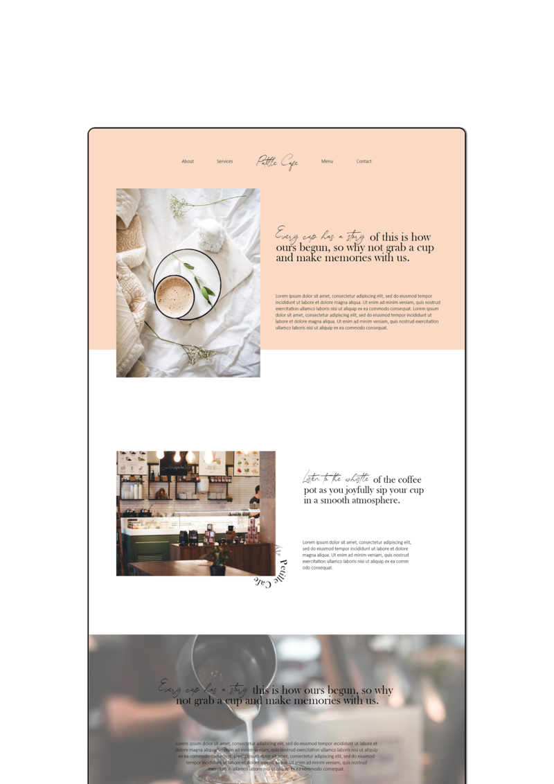 Display of the Patille cafe's website about page designed with a clean and modern look.