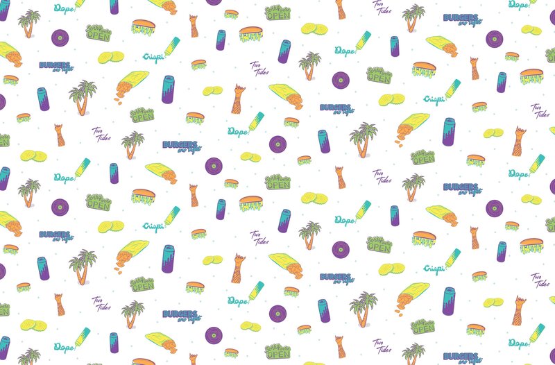A bright, colorful pattern on a white background featuring pickle slices, bags of chips, gooey burgers, vinyl records, palm trees, and more.