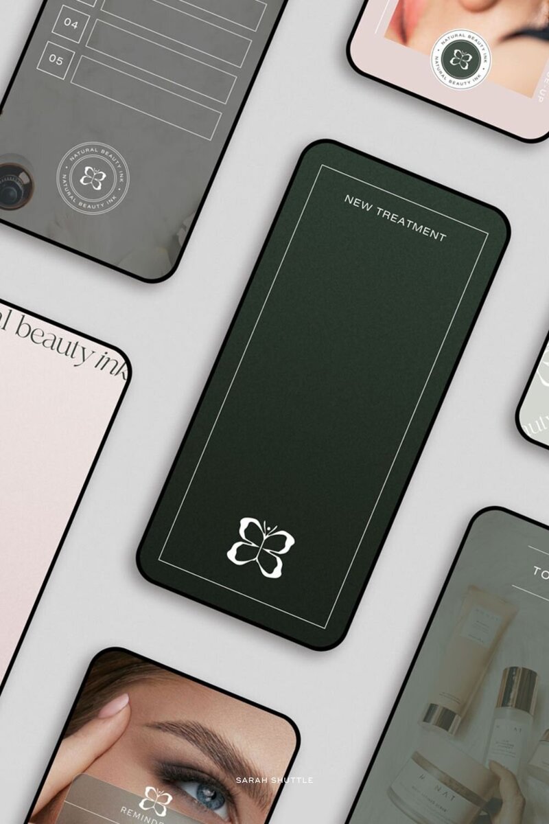Instagram story mockups for Natural Beauty Ink feminine business branding.