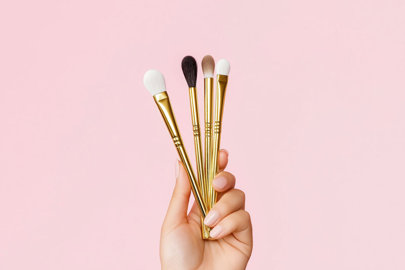 Woman's hand holding gold makeup brushes