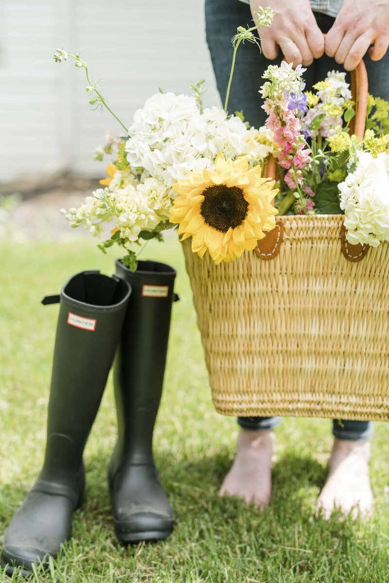 Basket bag of spring flowers