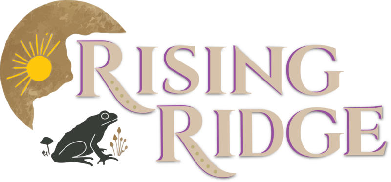 The Rising Ridge typeface logo with toad, mushrooms, and a sunrise in front of a moon.