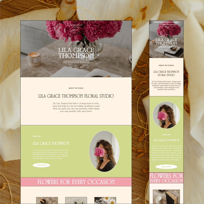 A screenshot of the Lila Grace Thompson Floral Studio website. The website features a clean and minimalist design with high-quality images of floral arrangements. The homepage includes sections about the studio, services, and flowers for every occasion.