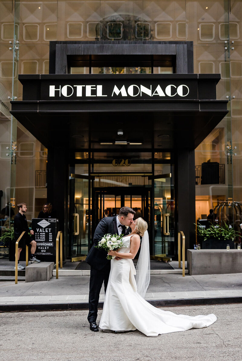 Photo of Bride and Groom kissing at Hotel Monaco in Pittsburgh PA